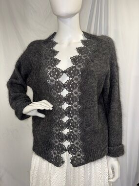 House of Harlow 1960 Charcoal Lace-Trim Open Cardigan